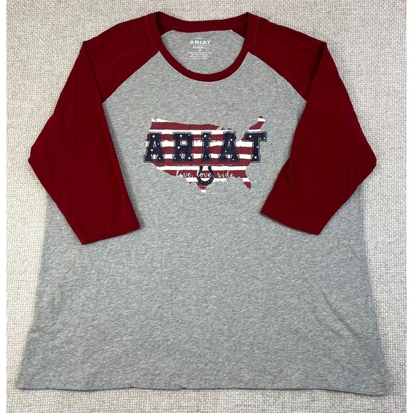 Ariat Real T-Shirt Women's 2X 3/4 Sleeve Red Gray Classic Fit "Live, Love, Ride" - Picture 1 of 8